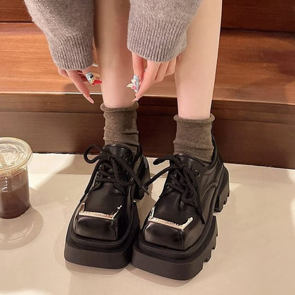 Platform Square Accent Shoes Metal Faux Lace-Up Toe Leather