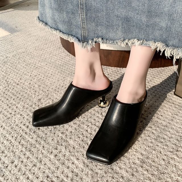 High Square Faux Toe Plain Leather Heel Mules
