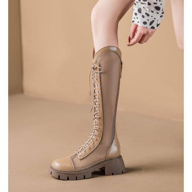 Panel Platform Lace-Up Mesh Tall Boots