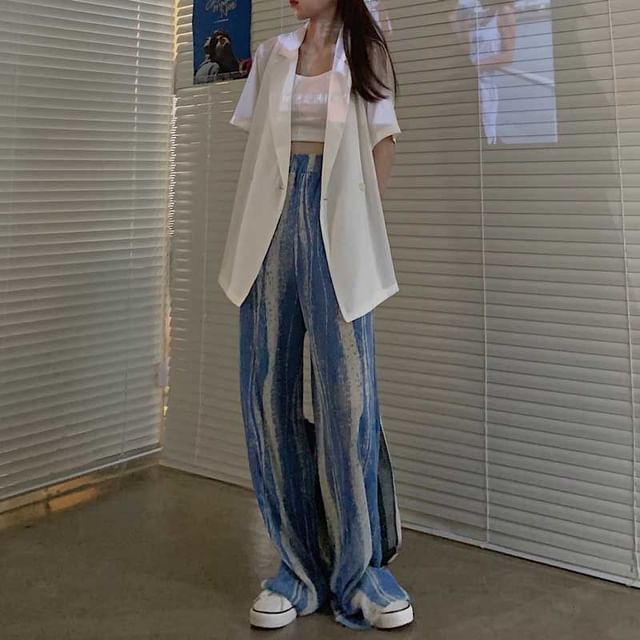 Pants High Pleated Print Leg Wide Rise Patterned