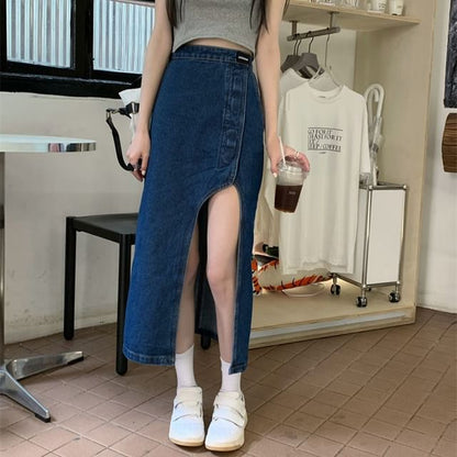 Washed Pencil Rise High Asymmetrical Denim Skirt Midi