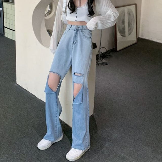 Jeans Wide Distressed Gradient High Waist Washed Leg