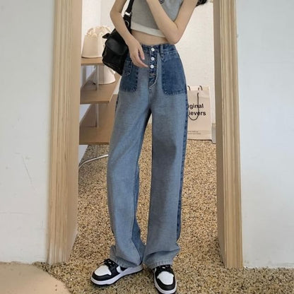 Wide Washed Leg Jeans Waist High Panel