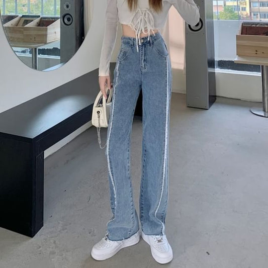 Leg High Washed Rise Panel Jeans Wide Fray