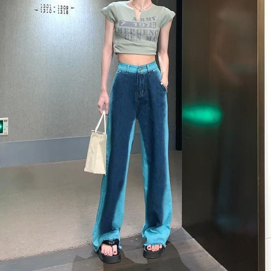 High Leg Wide Fray Jeans Washed Rise