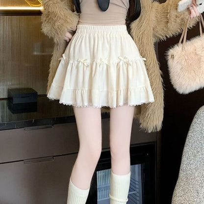 Ruffle A-Line Plain Elastic Waist Skirt Mini Bow