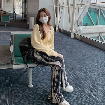 Pants High Pleated Print Leg Wide Rise Patterned