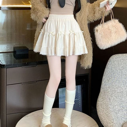 Ruffle A-Line Plain Elastic Waist Skirt Mini Bow