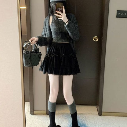 Ruffle A-Line Plain Elastic Waist Skirt Mini Bow