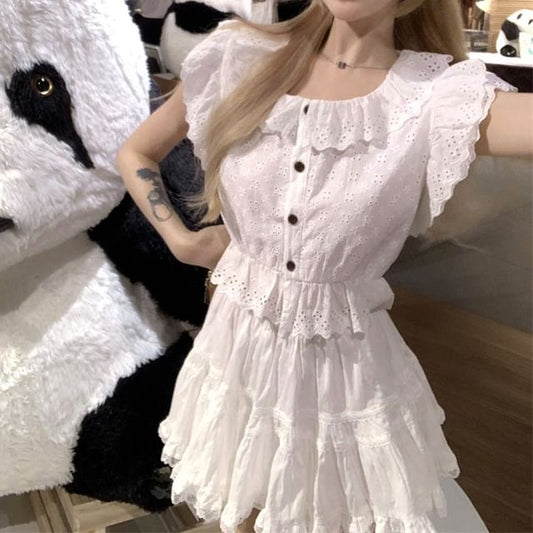 Blouse / Lace Skirt Cap-Sleeve Flower Mini Plain Waist High A-Line Trim Embroidered