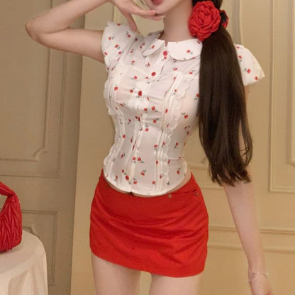Puff-Sleeve Floral Mini / Pencil Plain Mid Shirt Skirt Rise
