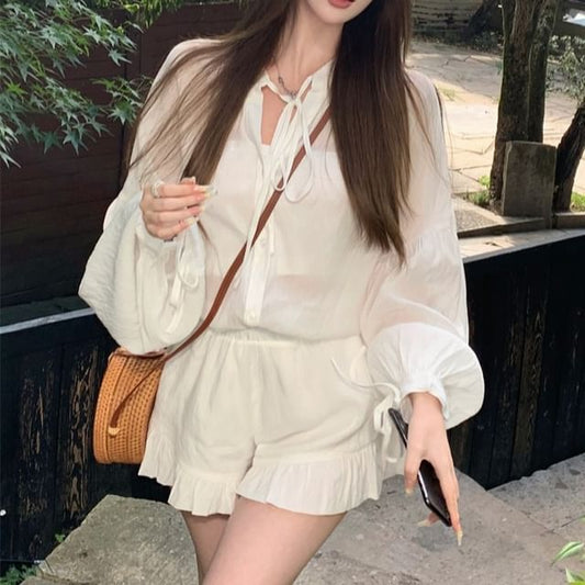 Plain / Puff-Sleeve Shorts Ruffle High Shirt Lace-Up Waist
