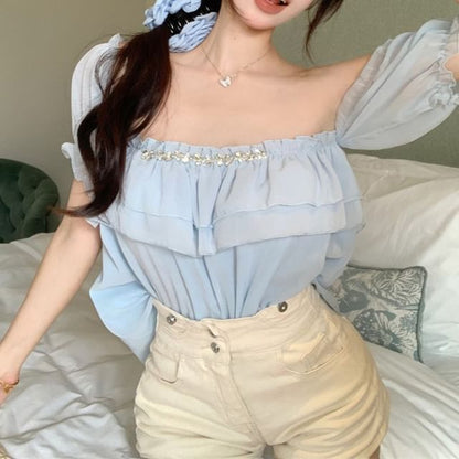 Ruffle Blouse Rhinestone Off-Shoulder Puff-Sleeve Plain