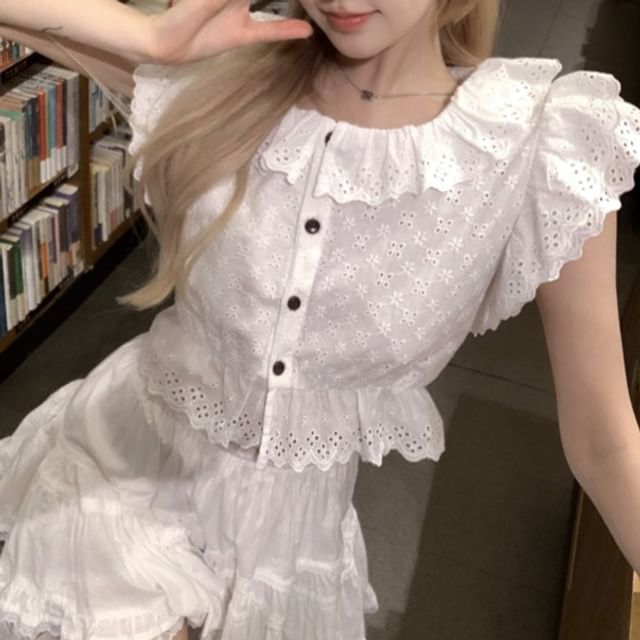 Blouse / Lace Skirt Cap-Sleeve Flower Mini Plain Waist High A-Line Trim Embroidered