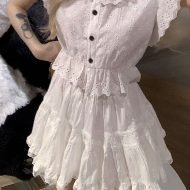 Blouse / Lace Skirt Cap-Sleeve Flower Mini Plain Waist High A-Line Trim Embroidered