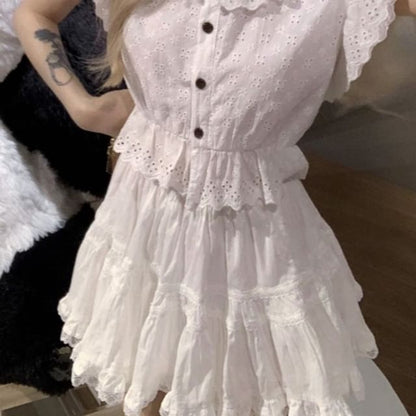 Blouse / Lace Skirt Cap-Sleeve Flower Mini Plain Waist High A-Line Trim Embroidered