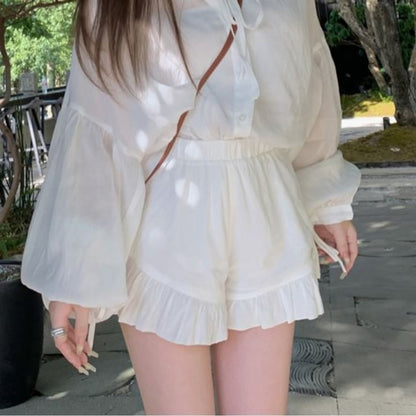 Plain / Puff-Sleeve Shorts Ruffle High Shirt Lace-Up Waist