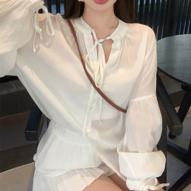 Plain / Puff-Sleeve Shorts Ruffle High Shirt Lace-Up Waist