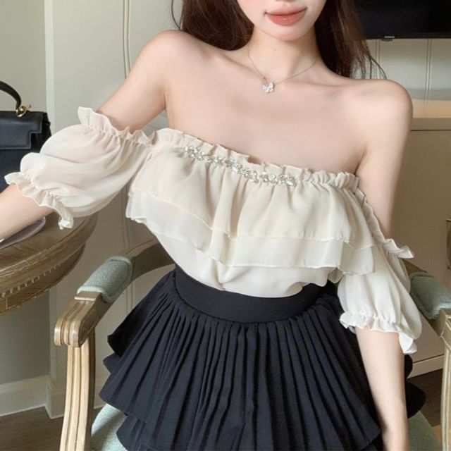 Ruffle Blouse Rhinestone Off-Shoulder Puff-Sleeve Plain
