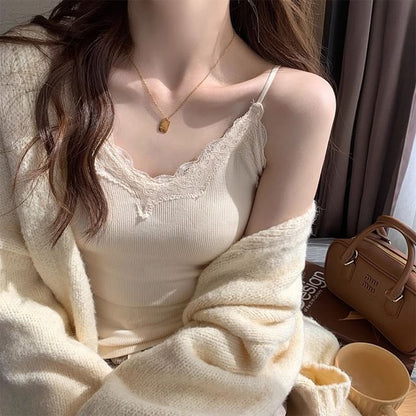 Plain Ribbed Lace Camisole Padded Top Trim