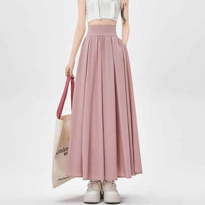 Plain High Skirt A-Line Midi Pleated Waist