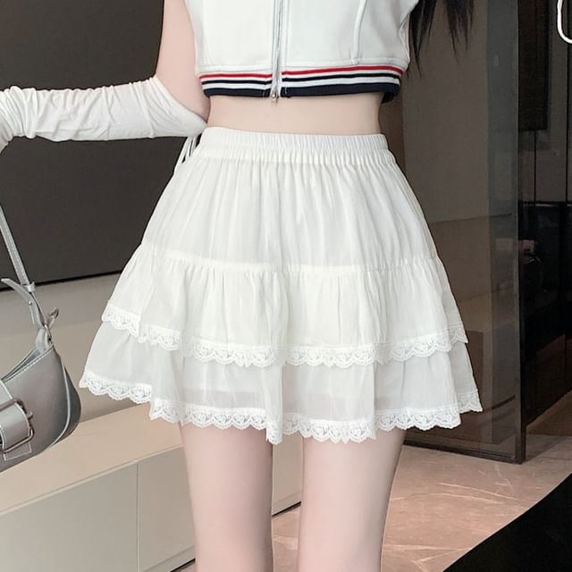 Waist Balletcore A-Line Elastic Plain Trim Skirt Tiered Mini Lace