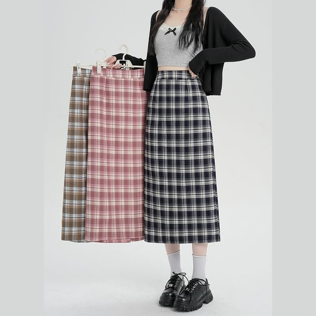 Midi Slit Waist Plaid H-Line Skirt High