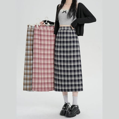 Midi Slit Waist Plaid H-Line Skirt High