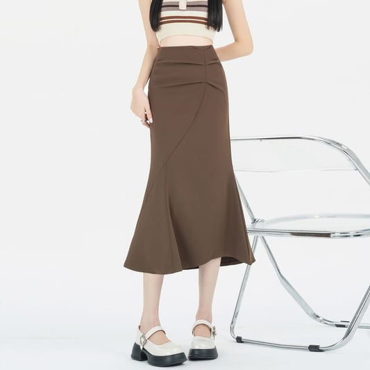 Ruched Waist Skirt Plain Fishtail High Midi