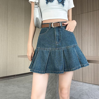 Mini Rise Pleated A-Line Skirt Denim High
