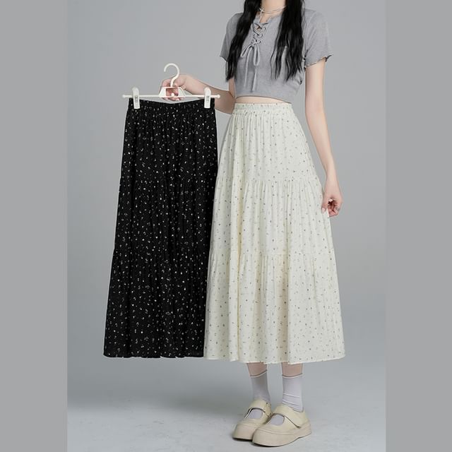 A-Line Tiered Elastic Skirt Midi Floral Waist