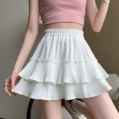 Mini Tiered Plain Accordion A-Line Elastic Pleated Skirt Waist