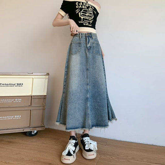 High Fringed Denim A-Line Skirt Midi Waist