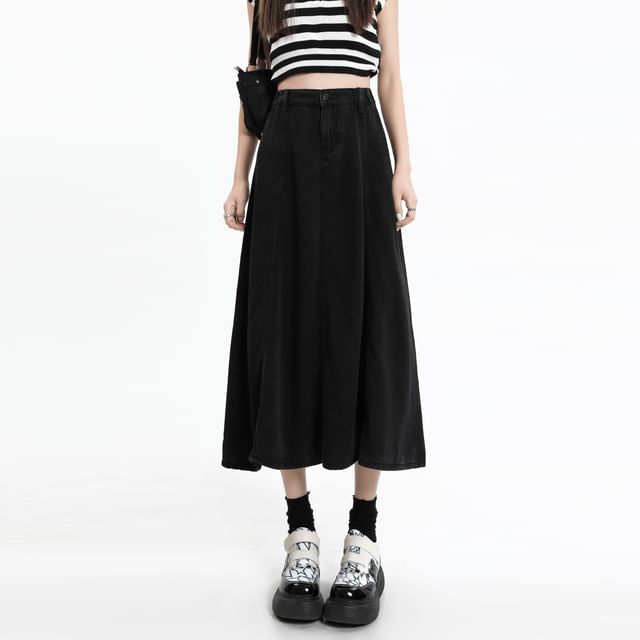 Midi High A-Line Denim Rise Plain Skirt
