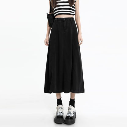 Midi High A-Line Denim Rise Plain Skirt
