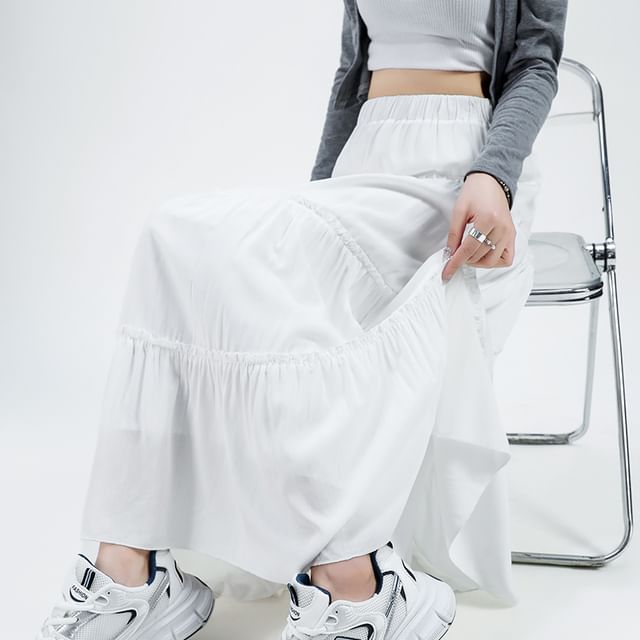 Plain A-Line Tiered Maxi Skirt Elastic Waist