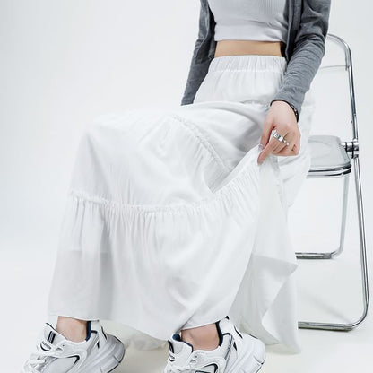 Plain A-Line Tiered Maxi Skirt Elastic Waist