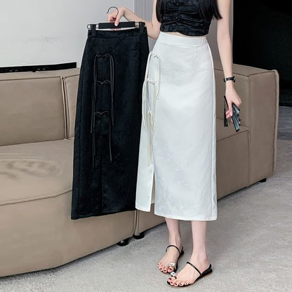 High Slit A-Line Midi Floral Waist Jacquard Frog Button Skirt