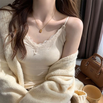 Plain Ribbed Lace Camisole Padded Top Trim