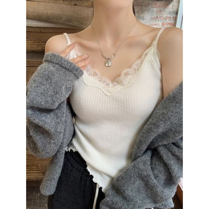 Plain Ribbed Lace Camisole Padded Top Trim