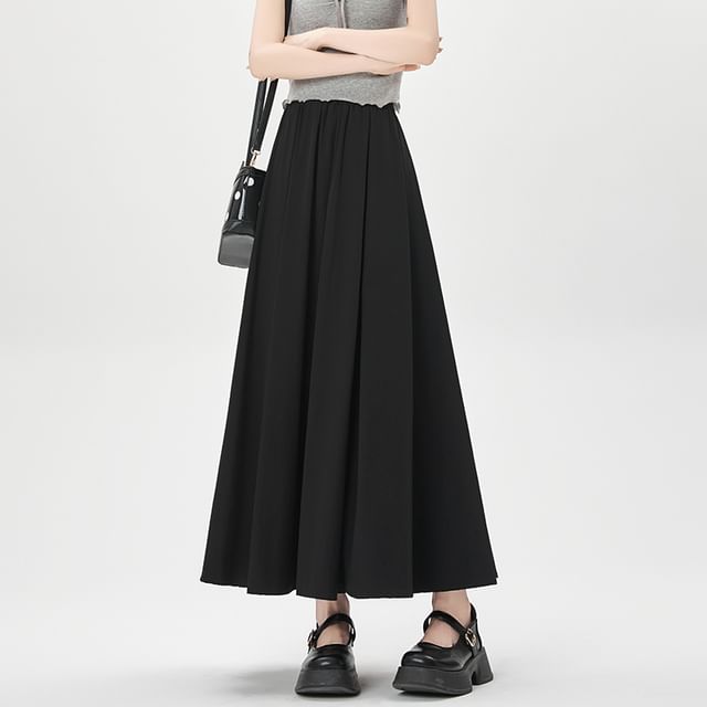 Plain High Skirt A-Line Midi Pleated Waist