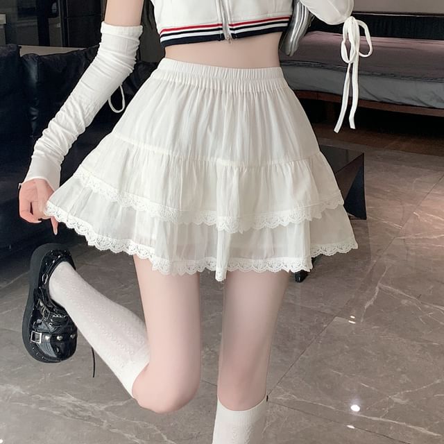 Waist Balletcore A-Line Elastic Plain Trim Skirt Tiered Mini Lace