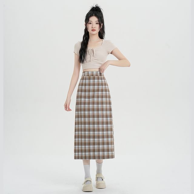 Midi Slit Waist Plaid H-Line Skirt High