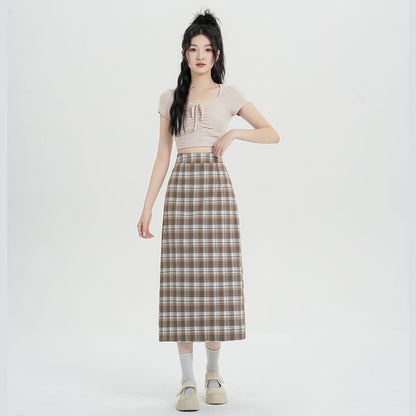 Midi Slit Waist Plaid H-Line Skirt High