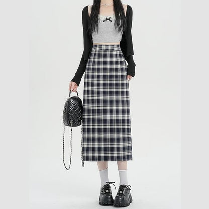 Midi Slit Waist Plaid H-Line Skirt High