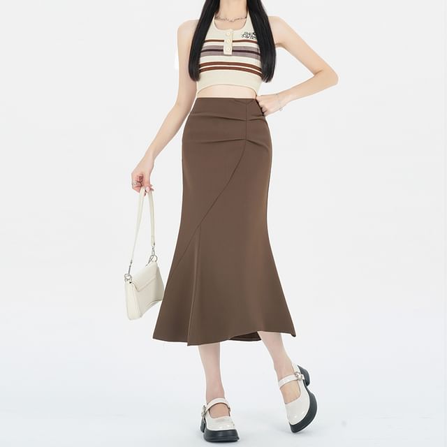 Ruched Waist Skirt Plain Fishtail High Midi