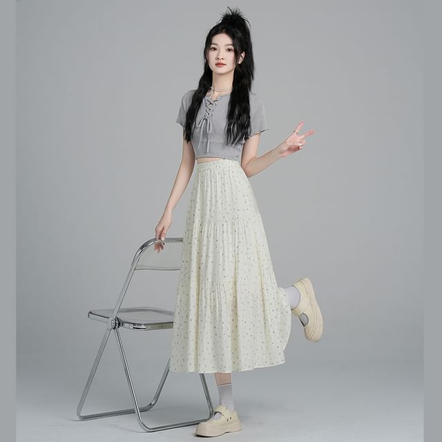 A-Line Tiered Elastic Skirt Midi Floral Waist