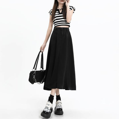 Midi High A-Line Denim Rise Plain Skirt