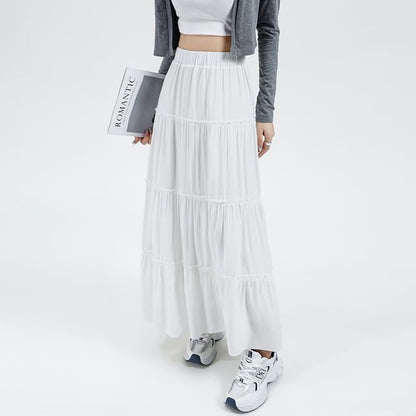Plain A-Line Tiered Maxi Skirt Elastic Waist