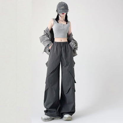 Plain Pants Cargo Leg Waist Drawstring Wide